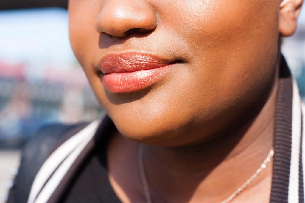 Anna S. Cosmetics Bronze Lipstick on Tilda (dark skin) | Small Cosmetic business