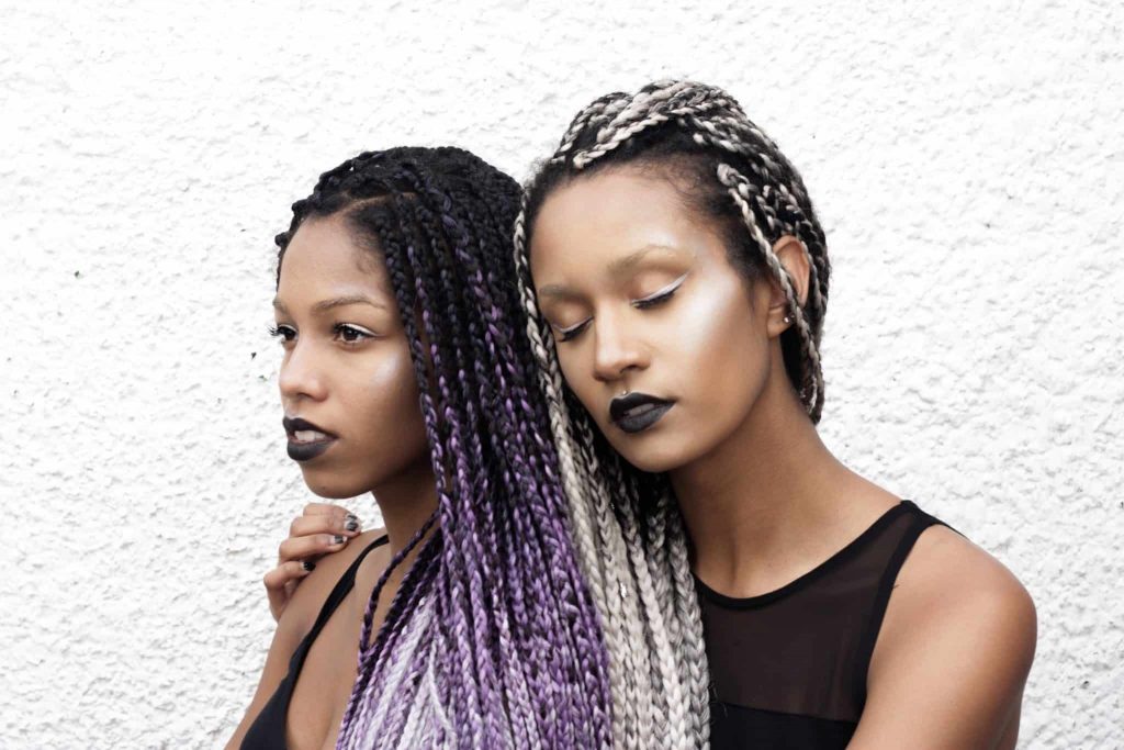 Artistic Purple and Grey Ombre Box Braids Shoot_Hair Down Purple Grey Silver Ombre Box Braid Twins | Black Models | Alien Shoot | Black lips
