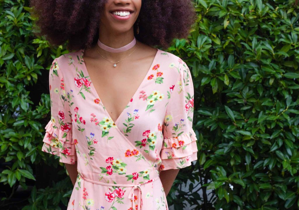Pink Floral Date Night outfit with Choker on black fashion blogger with natural hair