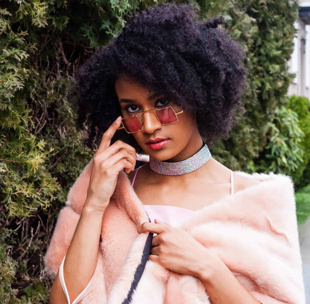 Natural Hair Style on glamorous black woman with Sparkly choker and Faux Fur Shawl
