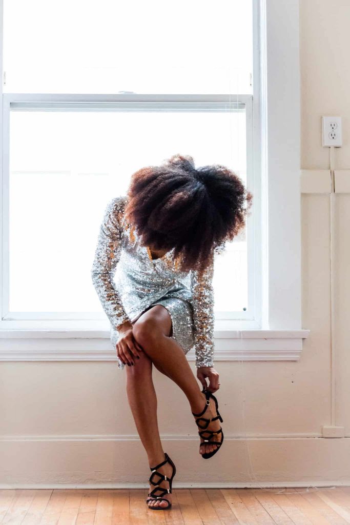Natural Hair Styled in an afro and sparkly sequined dress for a night out | Eye catching style