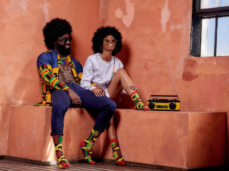 Afrocentric Black-owned Etsy Gifts for Men | Afro Pop Socks | Kente Print His & Her